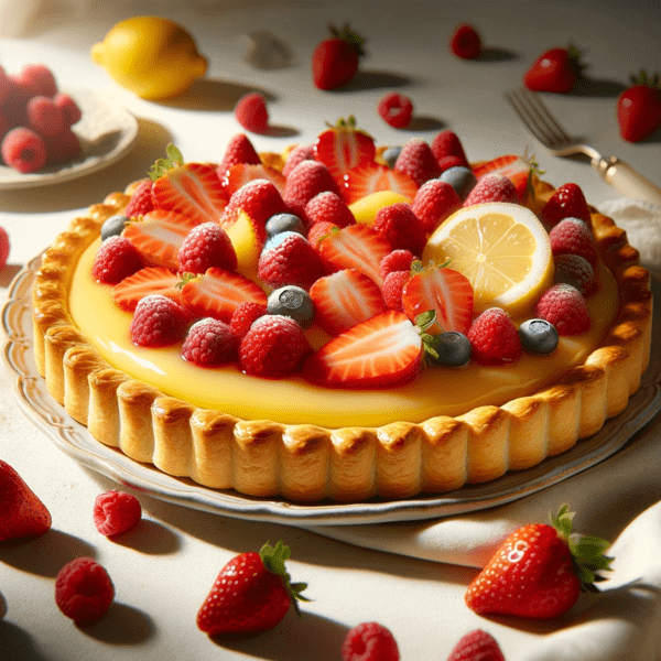 Plaattaart met lemon curd, frambozen en aardbeien