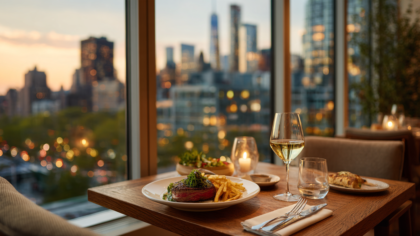Diner met steak en friet bij een raam met uitzicht op de skyline van New York
