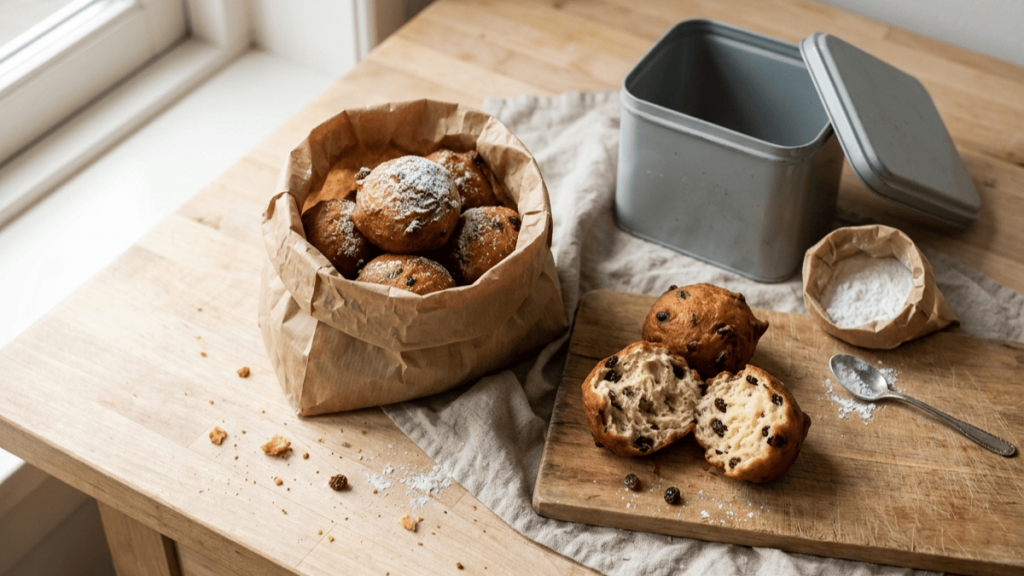 Oliebollen bewaren in een papieren zak op het aanrecht