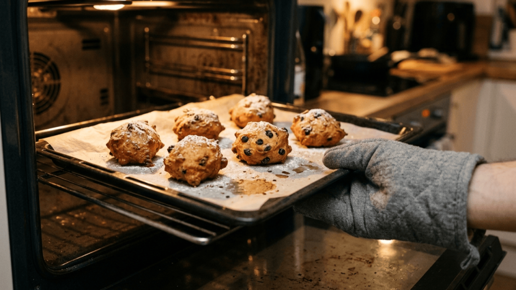Oliebollen op een bakplaat met bakpapier in de oven