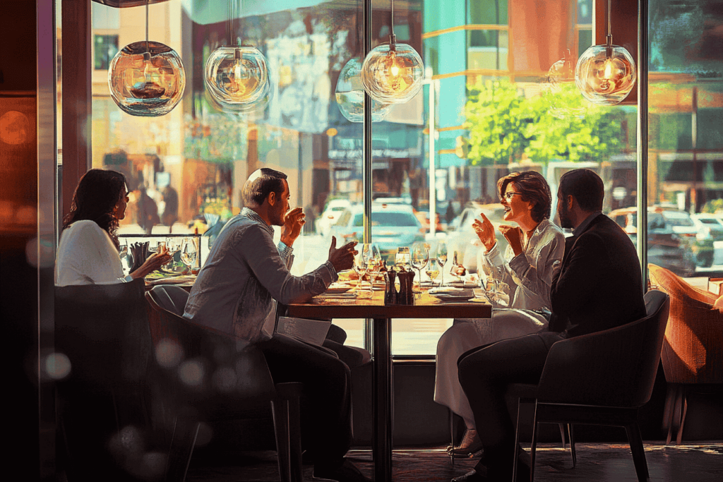 Mensen die aan het praten zijn tijdens het eten in een druk restaurant