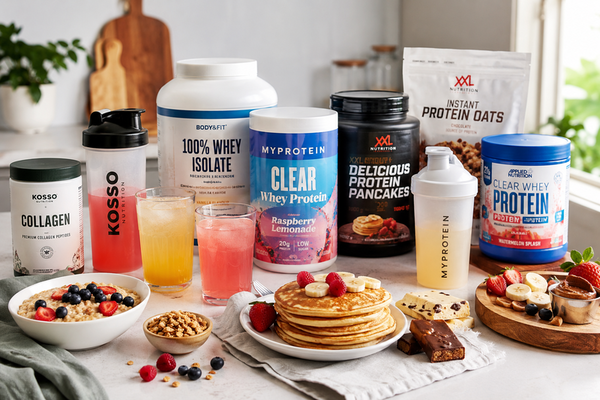 Verschillende eiwitpoeders, clear whey drankjes, protein pancakes en gezonde ontbijtproducten op een moderne keukenaanrecht als onderdeel van een actieve en gezonde levensstijl