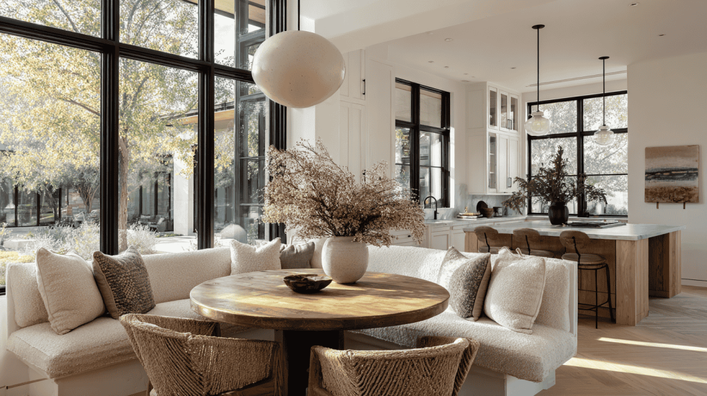 De eethoek van een modern, open vloerplan huis
