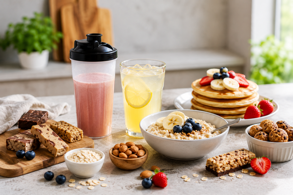 Gezond en eiwitrijk ontbijt met havermout, pancakes, fruit, eiwitshake en snacks op een lichte keukenachtergrond als onderdeel van een actieve levensstijl