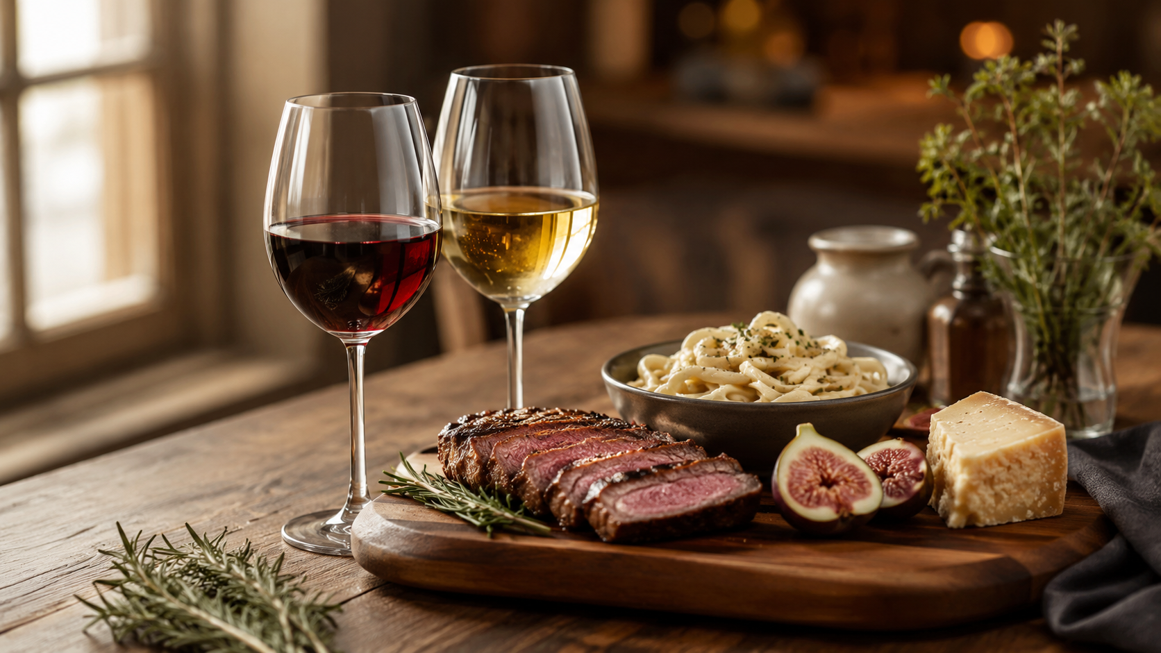 Rode en witte wijn gecombineerd met steak, pasta en kaas op tafel