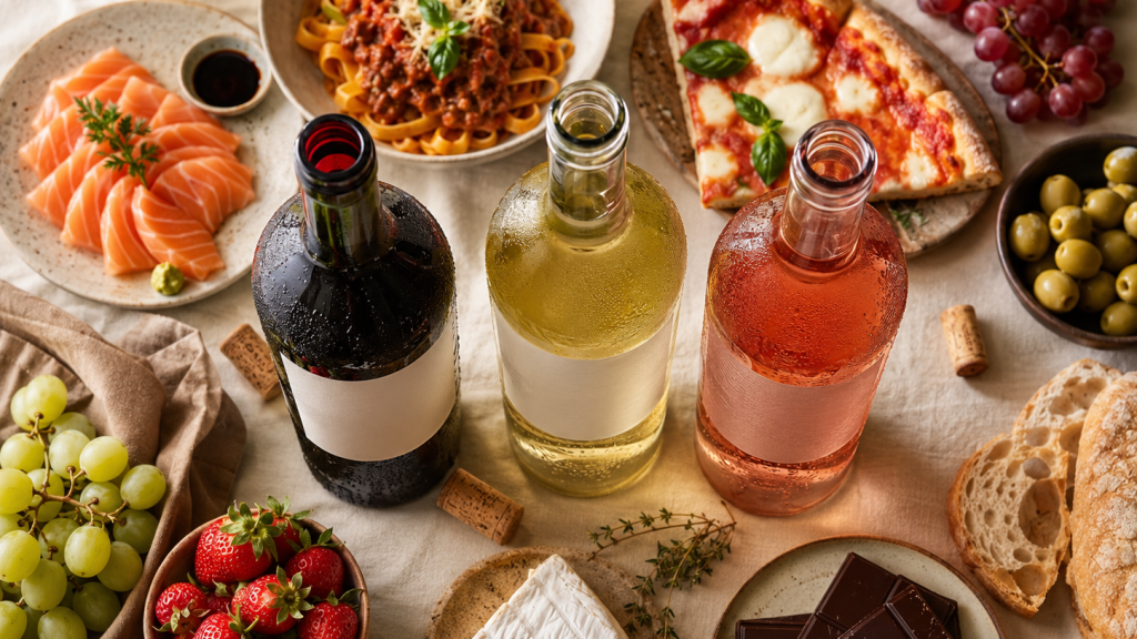 rode, witte en roséwijn gecombineerd met pizza, pasta, zalm en kaas