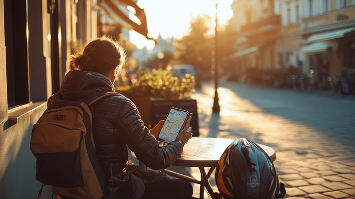 Horecamedewerker plant een route op telefoon bij een café met motorhelm op tafel.