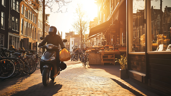 Scooterrijder rijdt door een Nederlandse straat langs een foodmarkt.