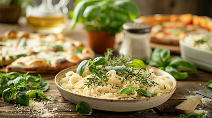 Pasta met Italiaanse kruiden, basilicum en rozemarijn met pizza en risotto op de achtergrond.