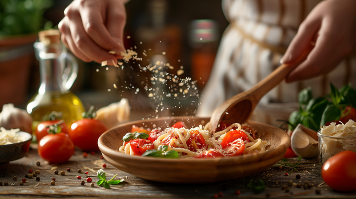 Pasta met tomaat, basilicum en Italiaanse kruiden wordt op smaak gebracht.