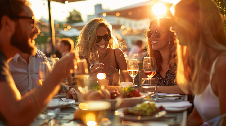 Vrienden genieten van een zomerse avond uit op een restaurantterras.