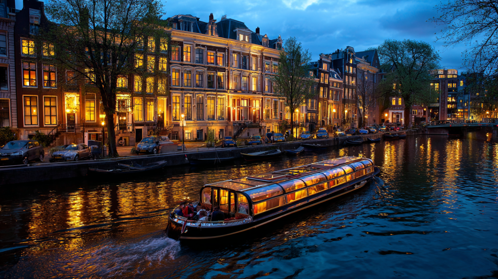 Verlichte boot vaart in de avond door een Amsterdamse gracht langs historische grachtenpanden