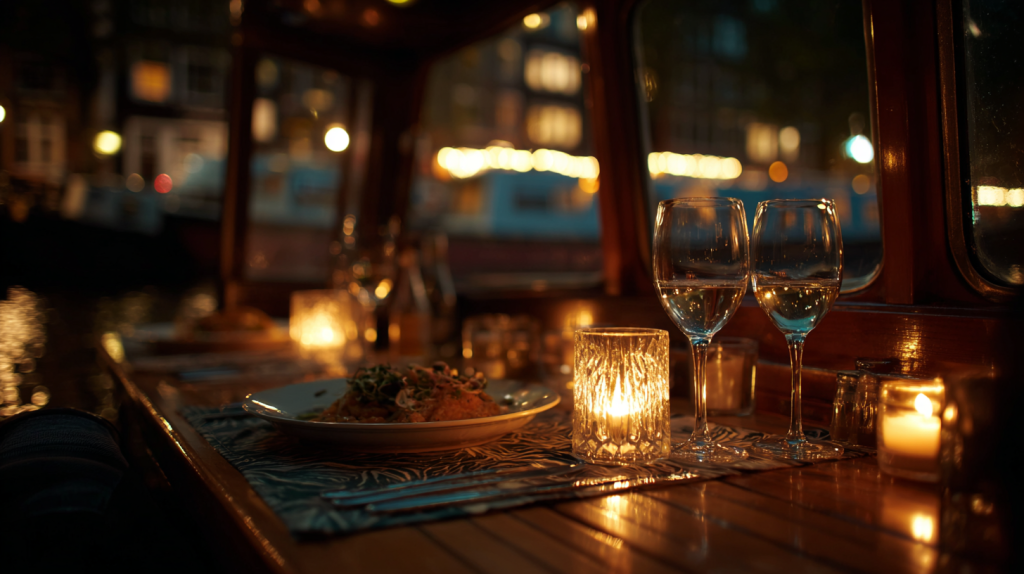Gedekte tafel met kaarslicht en wijnglazen aan boord tijdens een diner op het water bij avond in Amsterdam