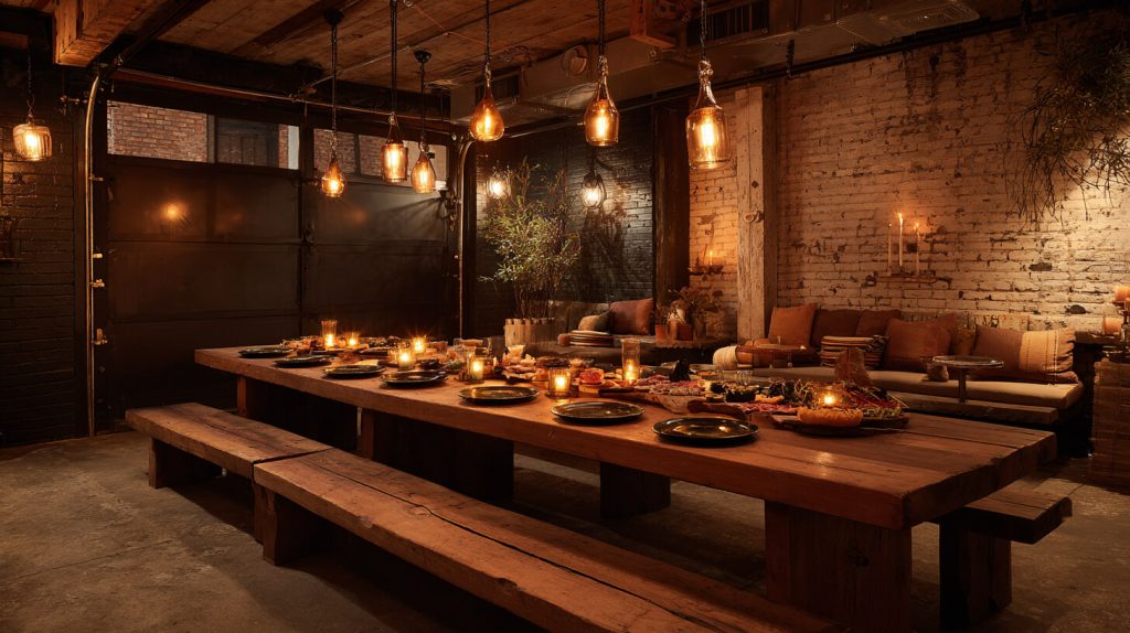 Sfeervolle garage foodcorner met een lange houten tafel vol sharing dishes, warme hanglampen en kaarslicht tegen bakstenen muren