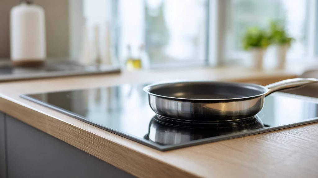 Close-up van een roestvrijstalen koekenpan op een zwarte inductiekookplaat met houten werkblad ervoor