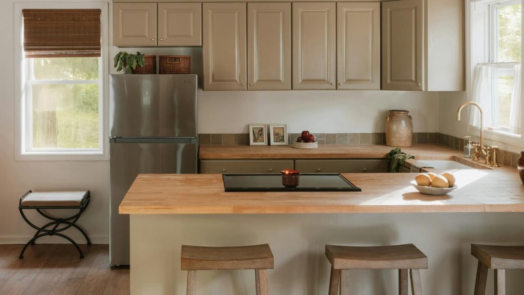 Ruime keuken met keukeneiland van houten werkblad met daarin een zwarte inductiekookplaat, omringd door beige kastjes, een koelkast en gouden kraan