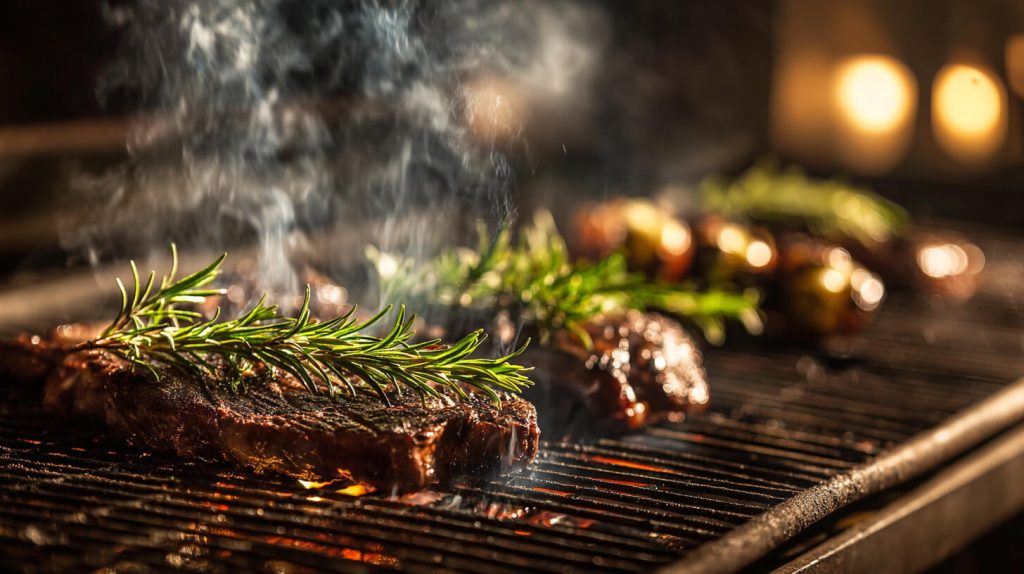 Gemarineerd vlees op een houtgestookte grill met verse rozemarijntakjes en rokende kruiden op de gloeiende kolen