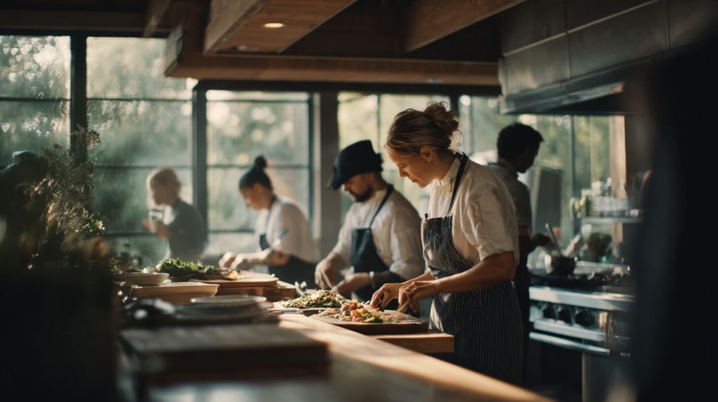 Diverse keukenmedewerkers bereiden samen gerechten aan een lang houten werkblad in een lichte, open restaurantkeuken