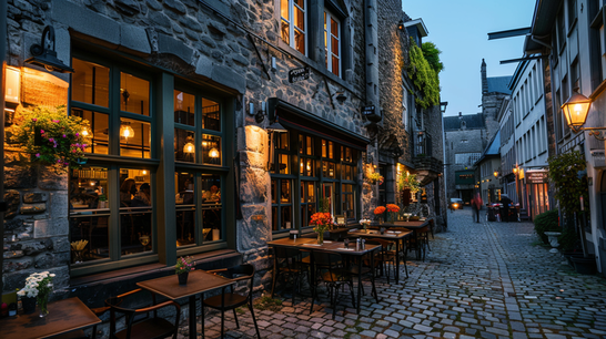 Karakteristiek restaurant in een smal kasseienstreekje in het Jekerkwartier in Maastricht met een sfeervol verlicht terras.