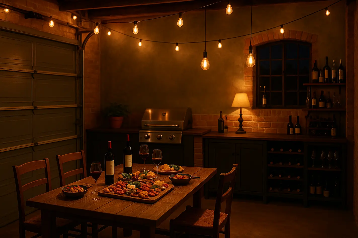 Garagedeur ombouwen tot gezellige thuisrestaurant met warm licht en tafeldecor