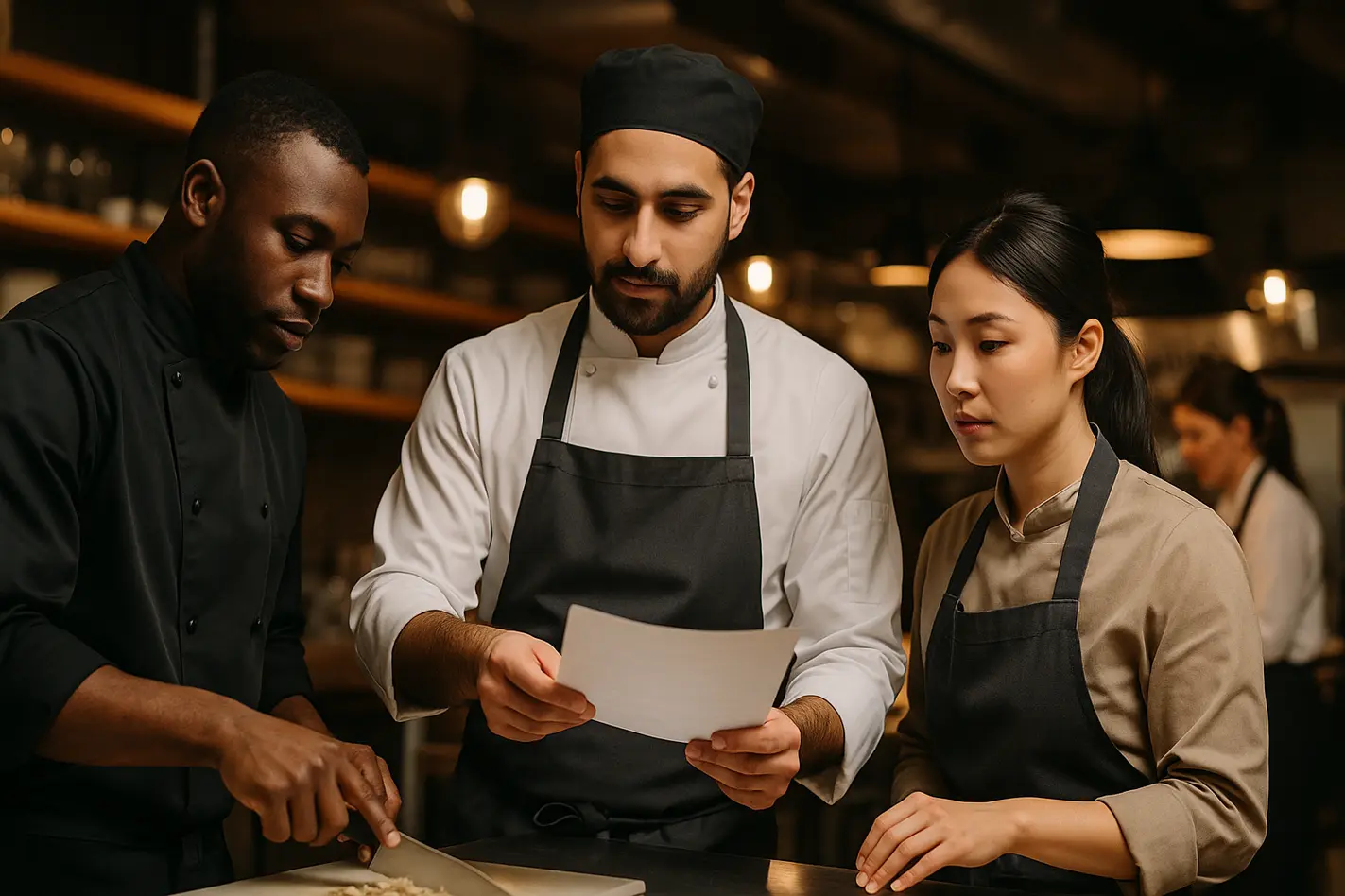 Diverse internationaal team in moderne restaurantkeuken werkt samen aan internationale payroll.