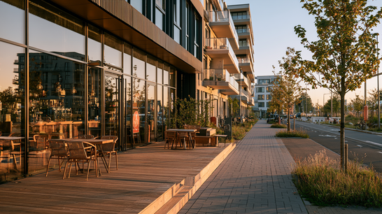 Modern appartementencomplex met een houten terras en horecagelegenheid op de begane grond.