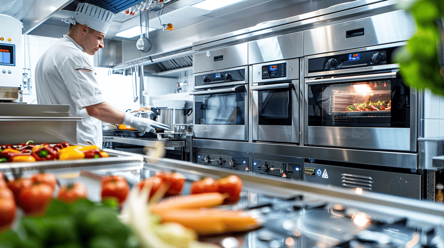 restaurant keuken met moderne apparatuur en kok