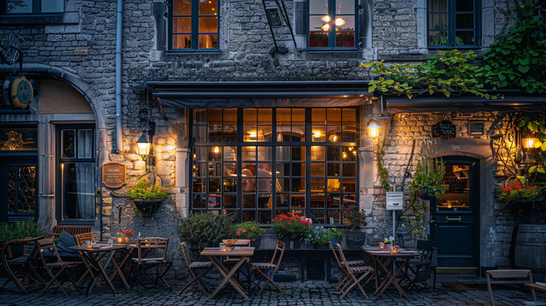 Sfeervol restaurant met verlicht terras in een historisch straatje van Maastricht tijdens de avond.