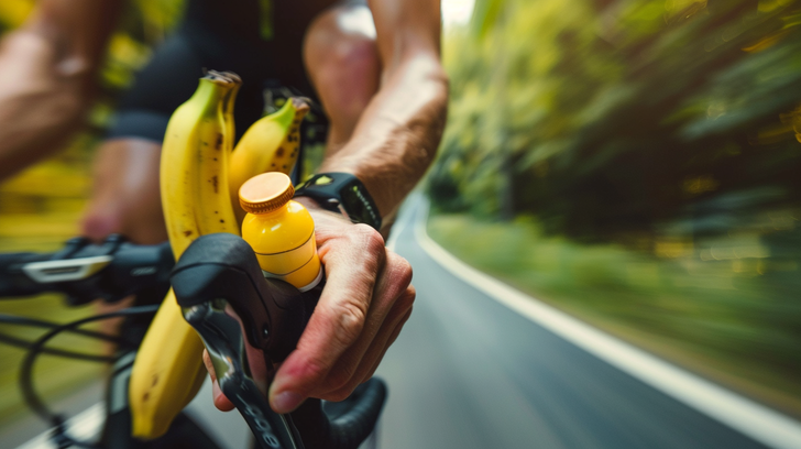 Close-up van de handen van een wielrenner aan het stuur op de weg, met bananen en een klein geel flesje sportvoeding binnen handbereik.