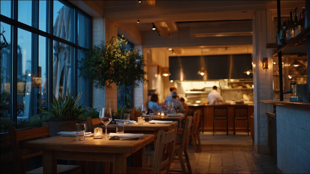 Sfeervol duurzaam restaurant met open keuken en gedekte tafels tijdens de avonddrukte