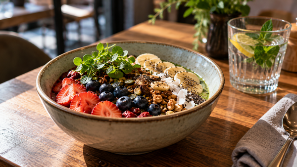 Gezonde smoothie bowl bij cafélicht