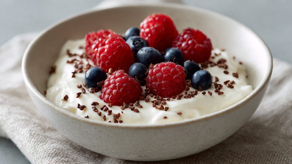 Griekse yoghurt met roodfruit en cacao snippers