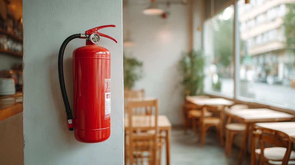 Rode brandblusser aan een witte muur in een restaurant met houten tafels en stoelen op de achtergrond