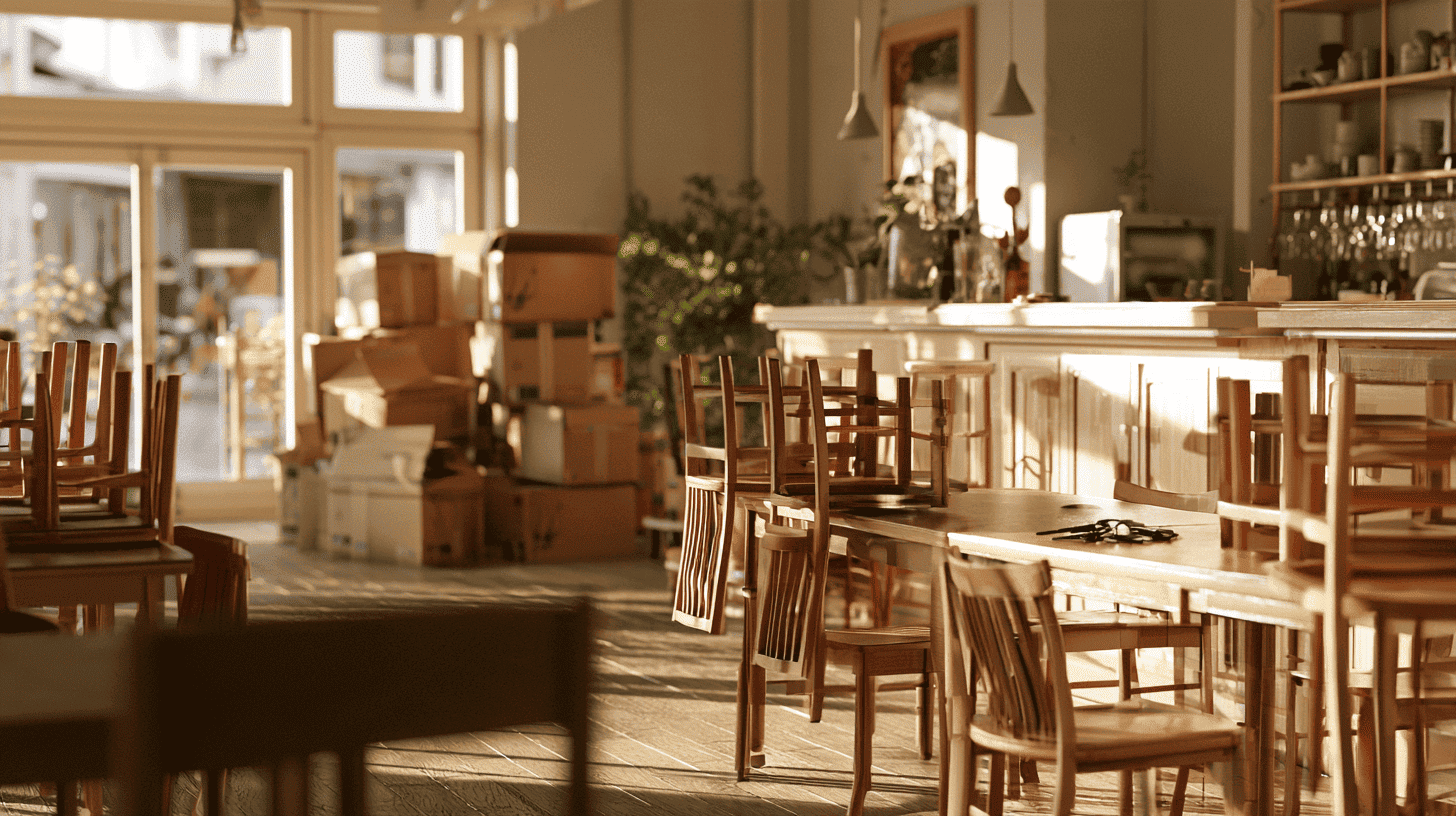 Gesloten restaurant met stoelen op de tafels en verhuisdozen bij de bar