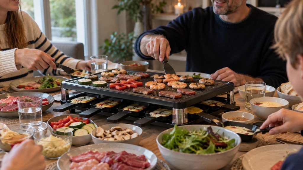 Gourmetstel met grillplaat en pannetjes op een gedekte tafel, omringd door schaaltjes met vlees en groenten