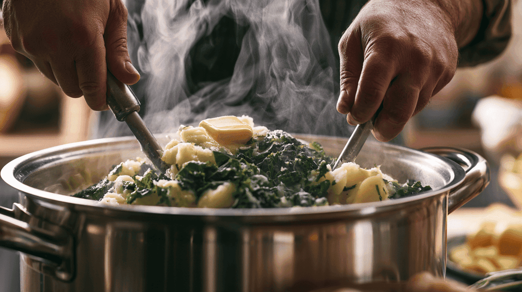 Boerenkool en aardappelen stampen in een pan voor stamppot