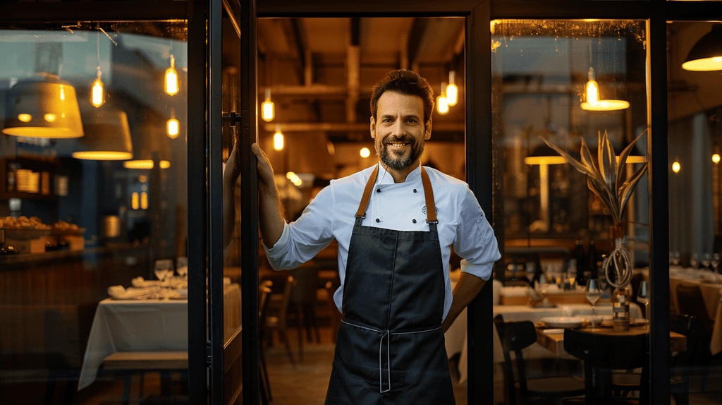Ondernemer opent de deur van zijn eigen restaurant na het kiezen van een rechtsvorm