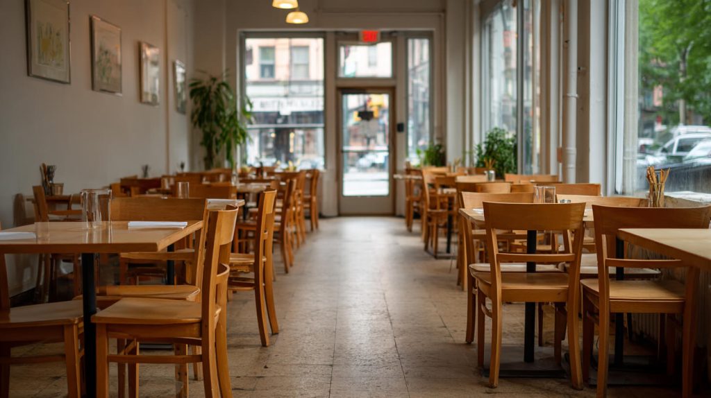 Rustig restaurant met houten tafels en stoelen en een vrije looproute naar de uitgang, gezien vanuit de zaal