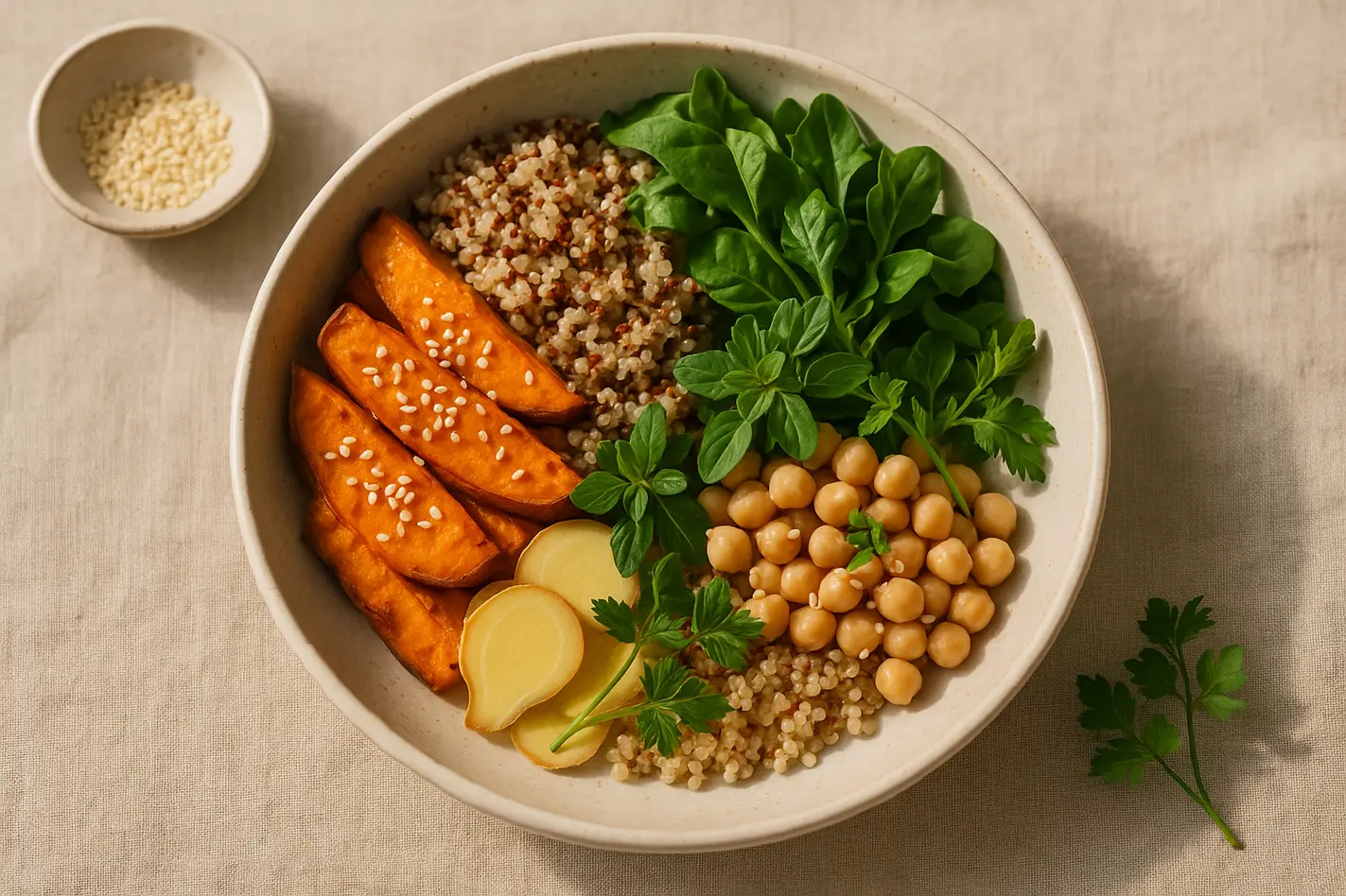 Wellness bowl met zoete aardappel, quinoa en spa cuisine ingrediënten