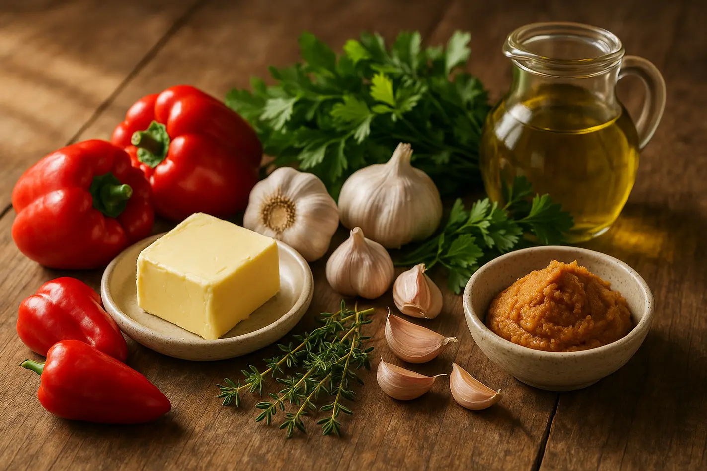 Zelfgemaakte smaakmakers met verse ingredi&euml;nten op houten aanrecht
